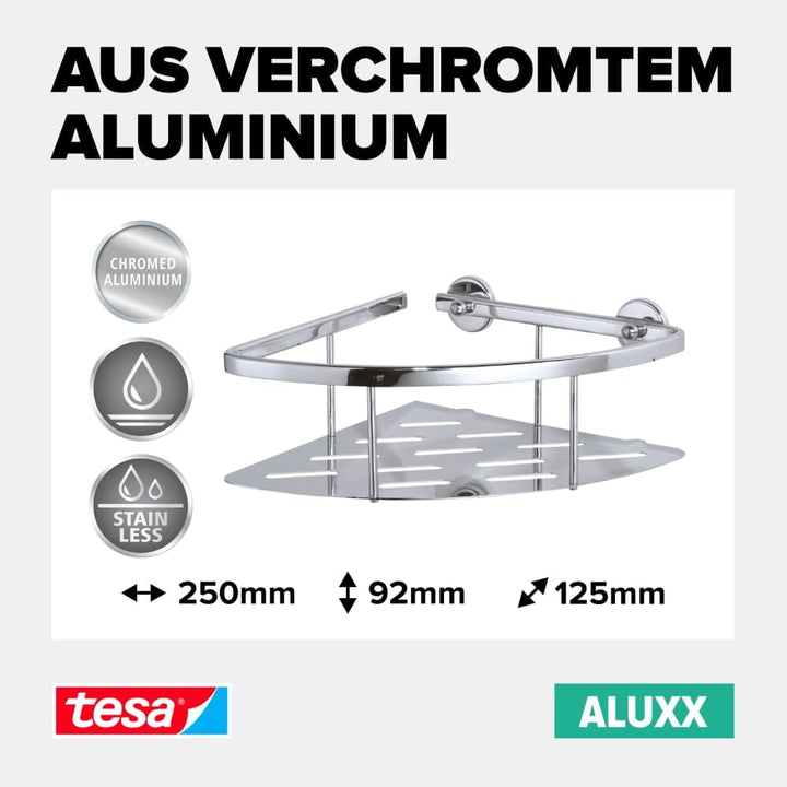 tesa ALUXX Eckablage für die Dusche, Aluminium, verchromt, rostfrei, inkl. Klebelösung, tiefer Boden