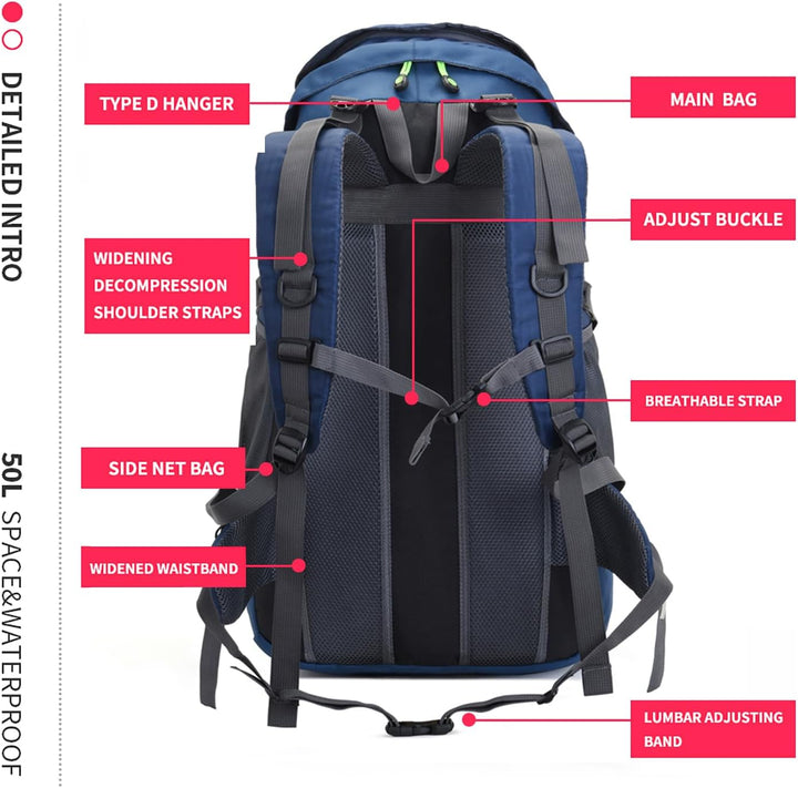 Bseash 50L Leichter wasserfester Wanderrucksack, Outdoor Sport Tagesrucksack Multifunktions Reisetas