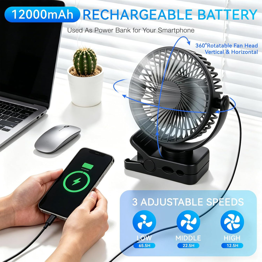 Camping Ventilator, 12000 MAh Mini USB Ventilator, 360° Drehung Tischventilator, 3 Geschwindigkeiten