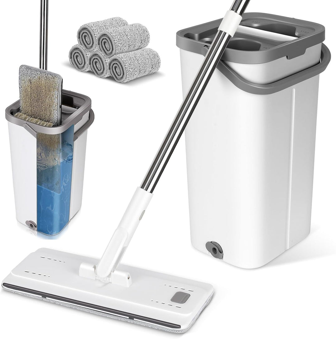 Myiosus Wischmopp Set mit Eimer, Putzeimer mit Wischmop, Bodenwischer mit Auswringfunktion, 10 Mikro
