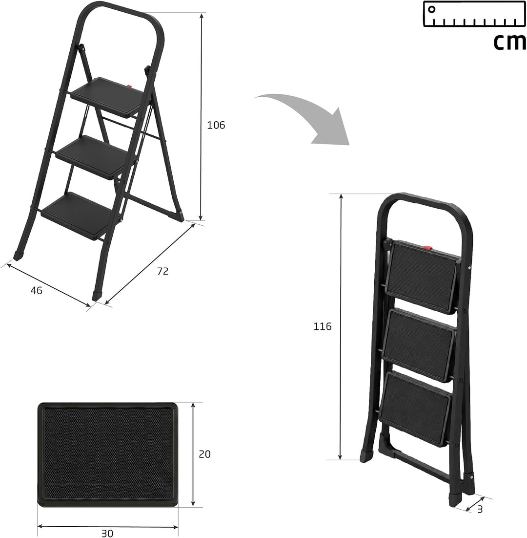 Amig Klappleiter 3 Stufen Schwarz Stahl 106x72x46 cm | Lasche für einfaches Zusammenklappen. Rutschf