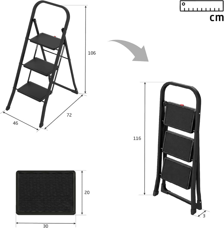 Amig Klappleiter 3 Stufen Schwarz Stahl 106x72x46 cm | Lasche für einfaches Zusammenklappen. Rutschf