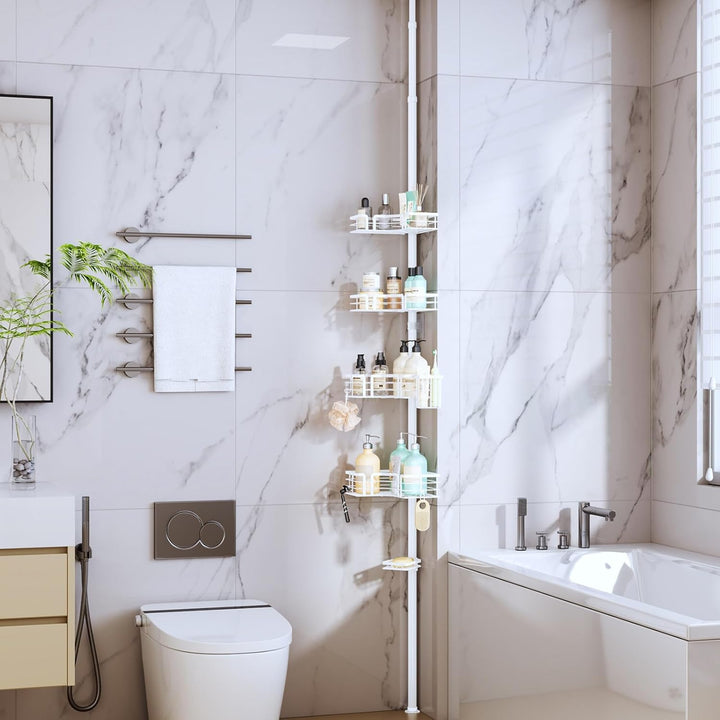 SWTYMIKI Duschregal Teleskop Dusche Teleskopstange - 4-Tier Teleskop Eckregal Dusche mit Seifenhalte