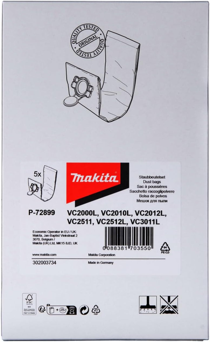 Makita P-72899 Filtersack "L" 5 Stück für VC2010L, 61x400 mm