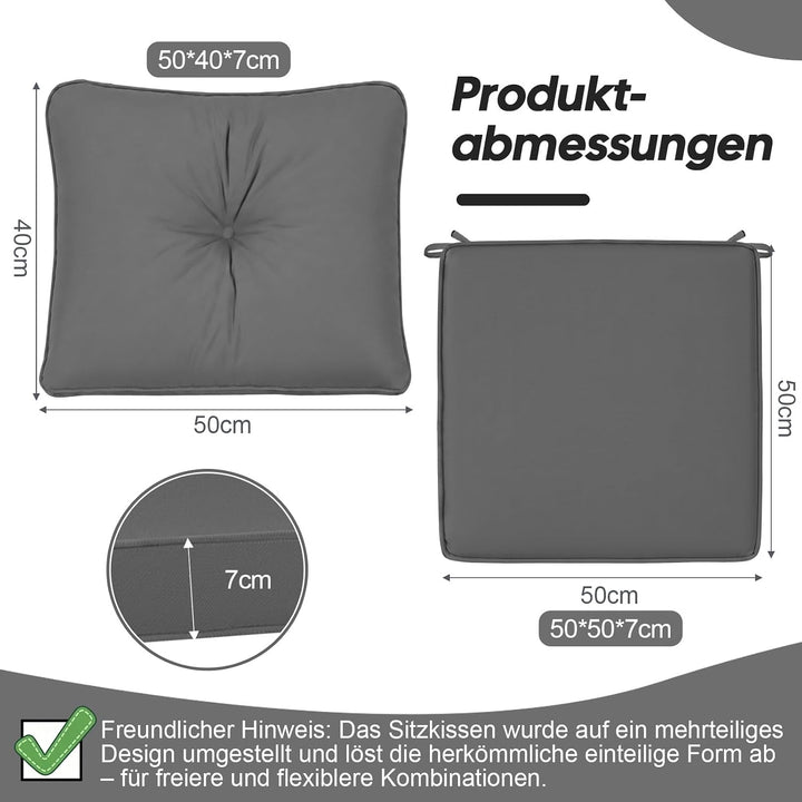 Outdoor Stuhlkissen 50x50, Schaumstoff Sitzkissen mit Bändern | Grau Wasserdichtes Gartenpolster mit