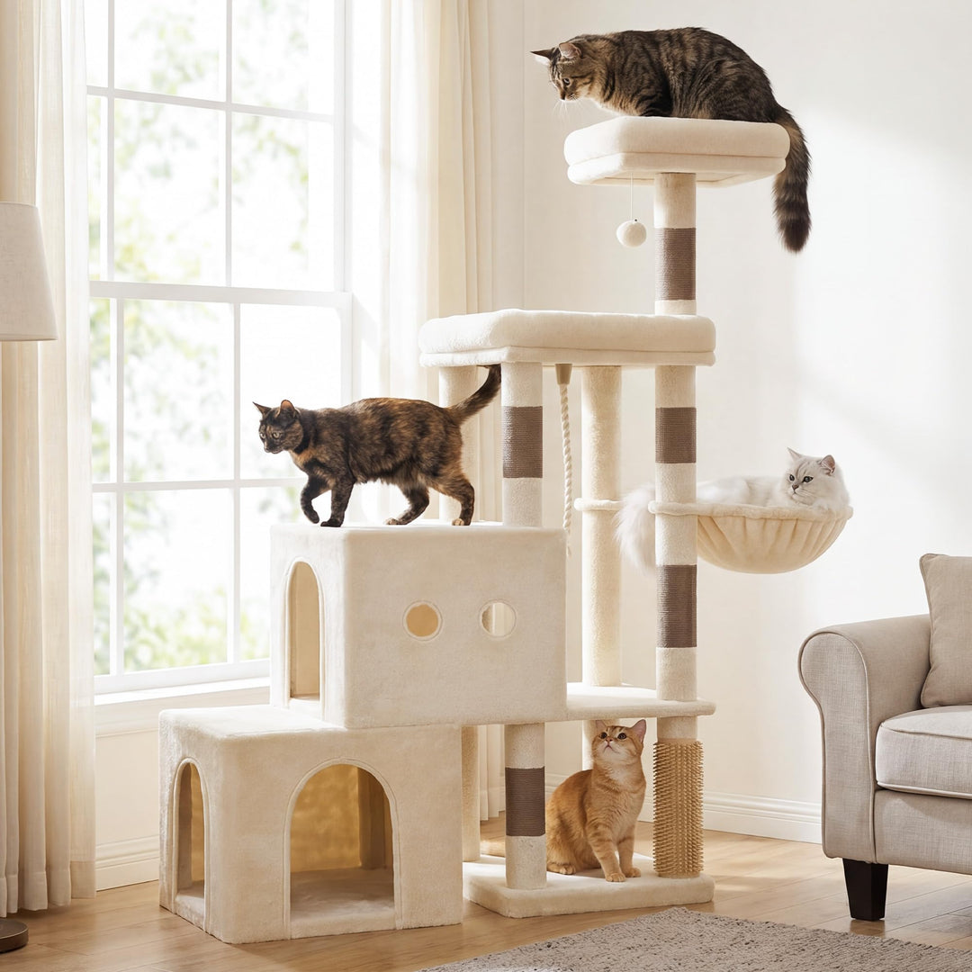 Hey-brother Kratzbaum, 130 cm Kratzbaum für Kätzchen und kleinere Katzen mit 2 geräumigen Höhle, 2 P