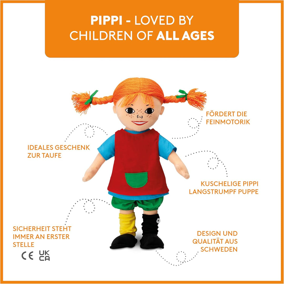 Pippi Langstrumpf Puppe, 20cm – süsse Stoffpuppe für Mädchen und weiche Kuschelpuppe ab 10 Monaten –