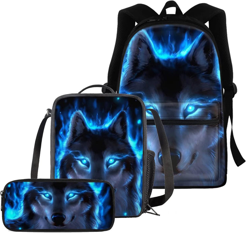 chaqlin Neon Wolf Rucksack-Set für die Schule, Animal Wolf Bedruckte Schulranzen Jungen Mädchen Schu