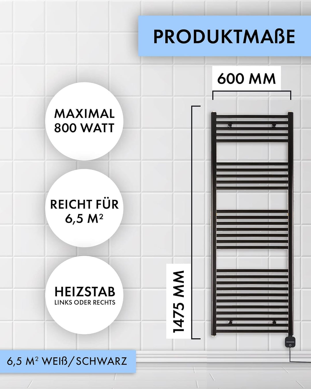 anapont elektrischer Badheizkörper 1475hx600b - schwarz - mit Timer-Funktion - Handtuchheizkörper -