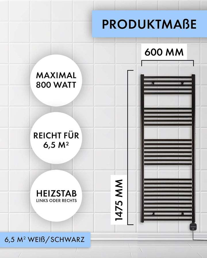 anapont elektrischer Badheizkörper 1475hx600b - schwarz - mit Timer-Funktion - Handtuchheizkörper -