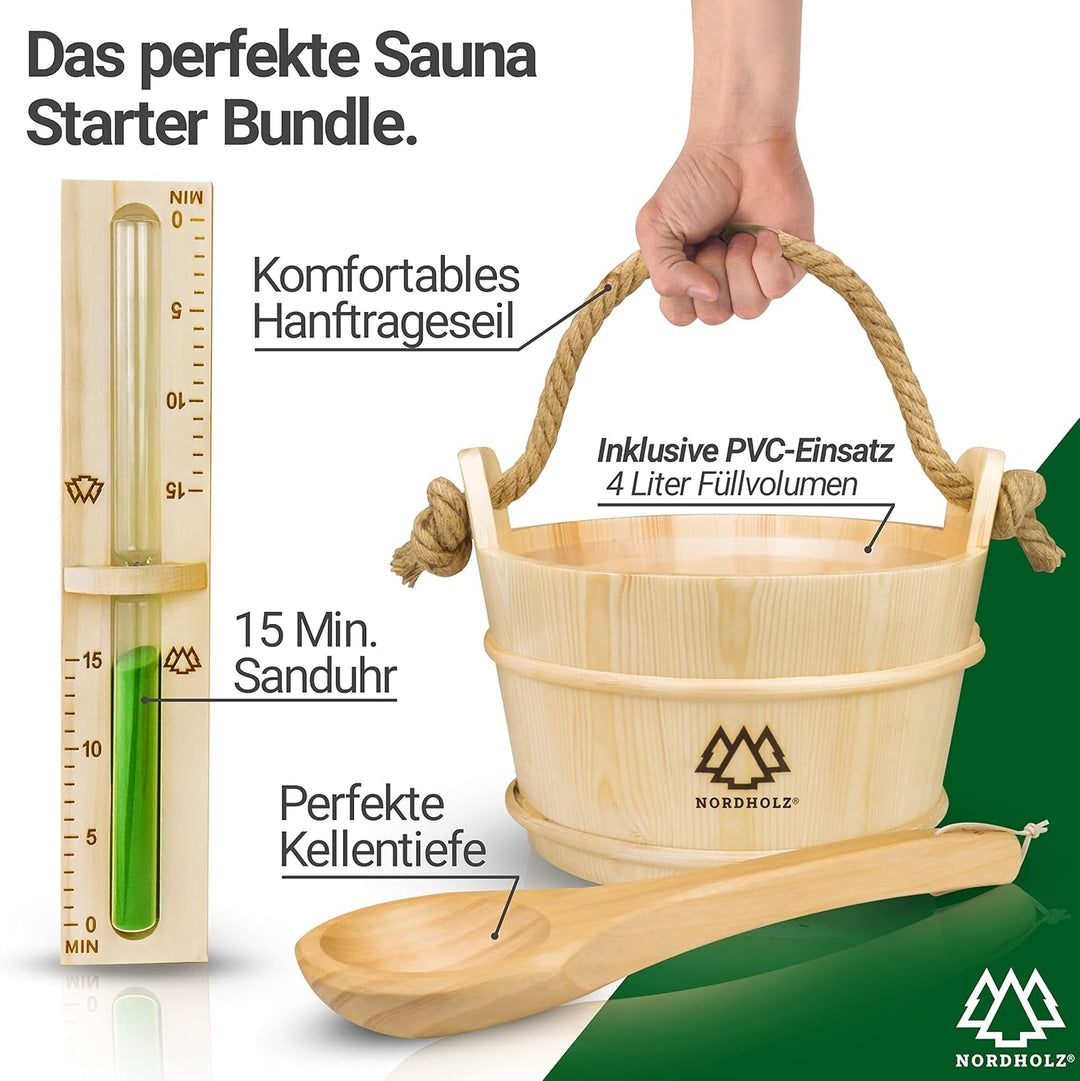 Sauna Eimer mit Kelle aus 100% nordischer Fichte - Hochwertiges Sauna Zubehör - Einsatz, Hanftragese
