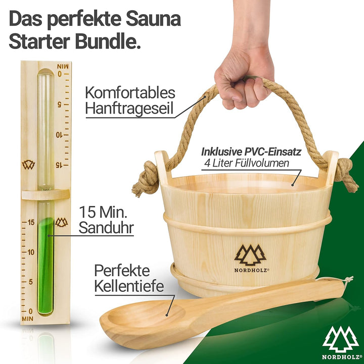 Sauna Eimer mit Kelle aus 100% nordischer Fichte - Hochwertiges Sauna Zubehör - Einsatz, Hanftragese