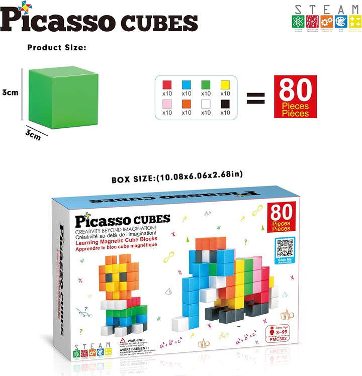 PicassoTiles Magnet-Würfel-Bausteine, 80 Stück, 3 cm, magnetische Würfel, Spielzeug, Konstruktion, G