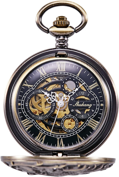 TREEWETO Mechanische Taschenuhr – Dream Dragon Skelett Half Hunter Double Open Silber Gehäuse Bronze