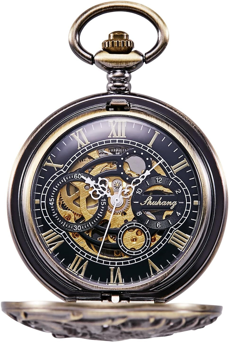 TREEWETO Mechanische Taschenuhr – Dream Dragon Skelett Half Hunter Double Open Silber Gehäuse Bronze