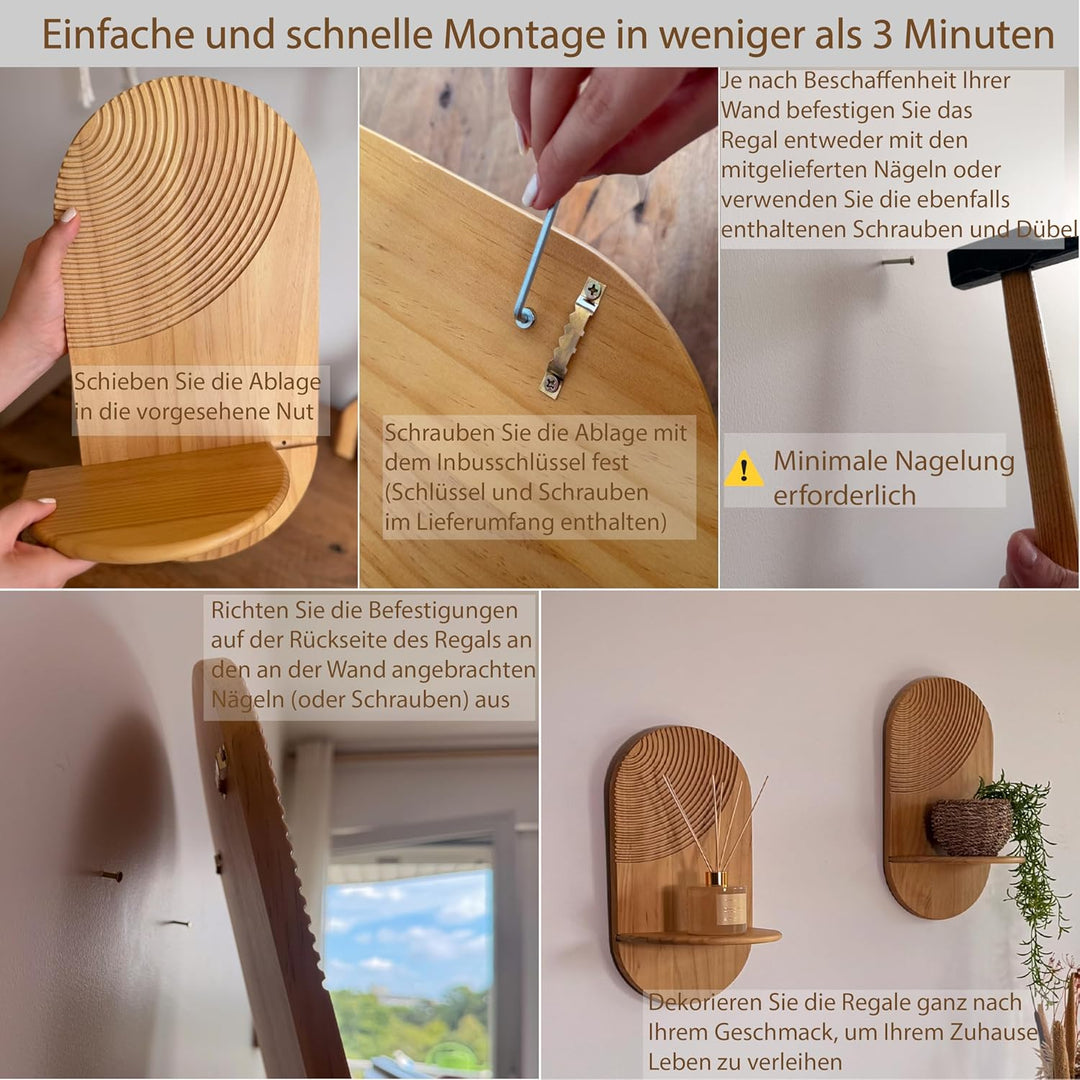 2er Boho Wandregal aus Holz – dekoratives Deko Regal ohne Bohren, Shabby Design, hängend für Pflanze