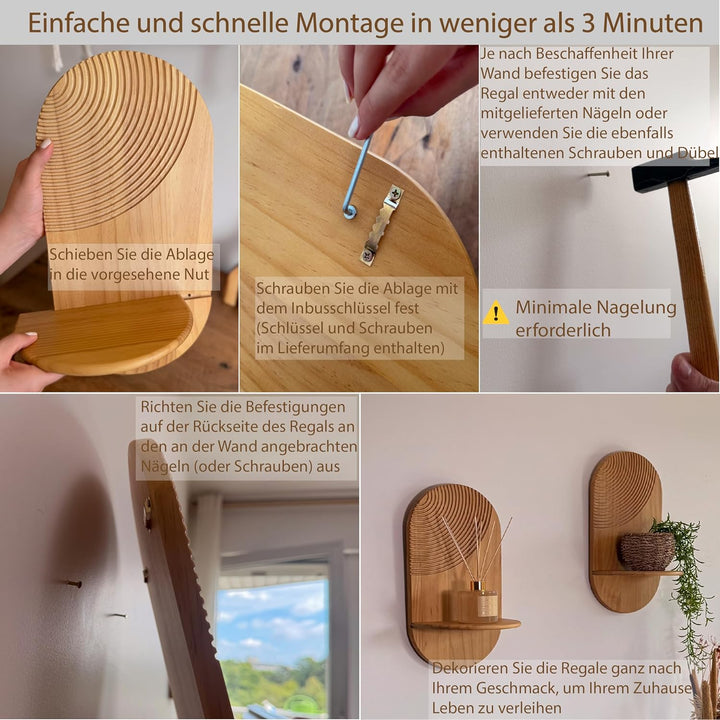 2er Boho Wandregal aus Holz – dekoratives Deko Regal ohne Bohren, Shabby Design, hängend für Pflanze