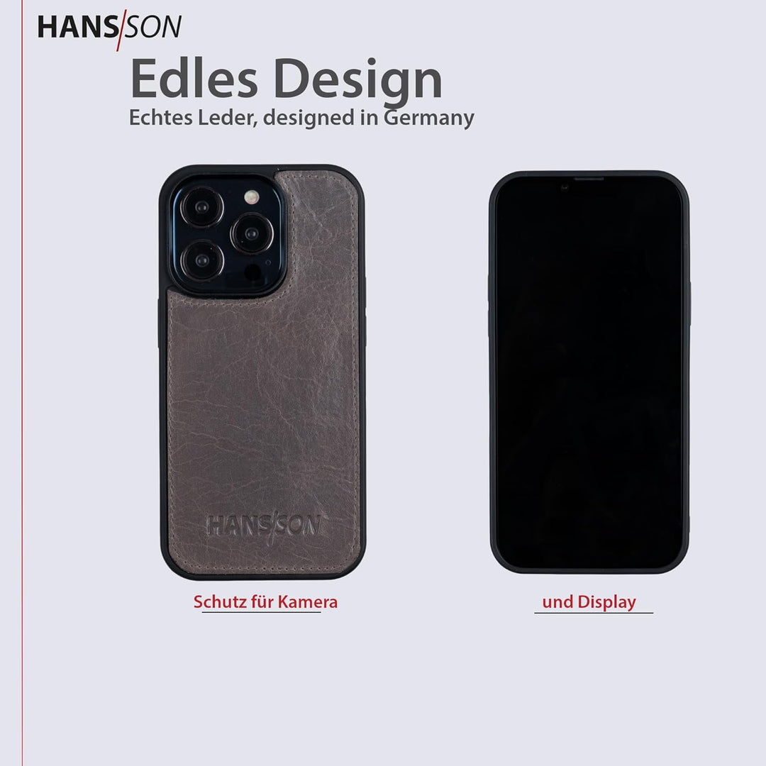 HANS/SON Echtlederhülle in Grau | iPhone 13 Pro Max Ledercase | Schutz vor Stürzen und Stössen | Mag