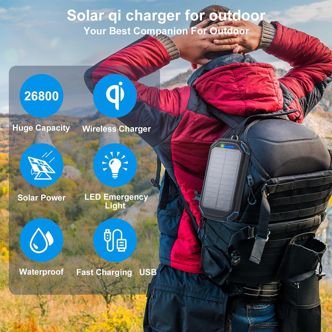 Solar Powerbank Wireless 26800mAh Solar Ladegerät, tragbare USB C Power Bank mit Outdoor Wasserdicht