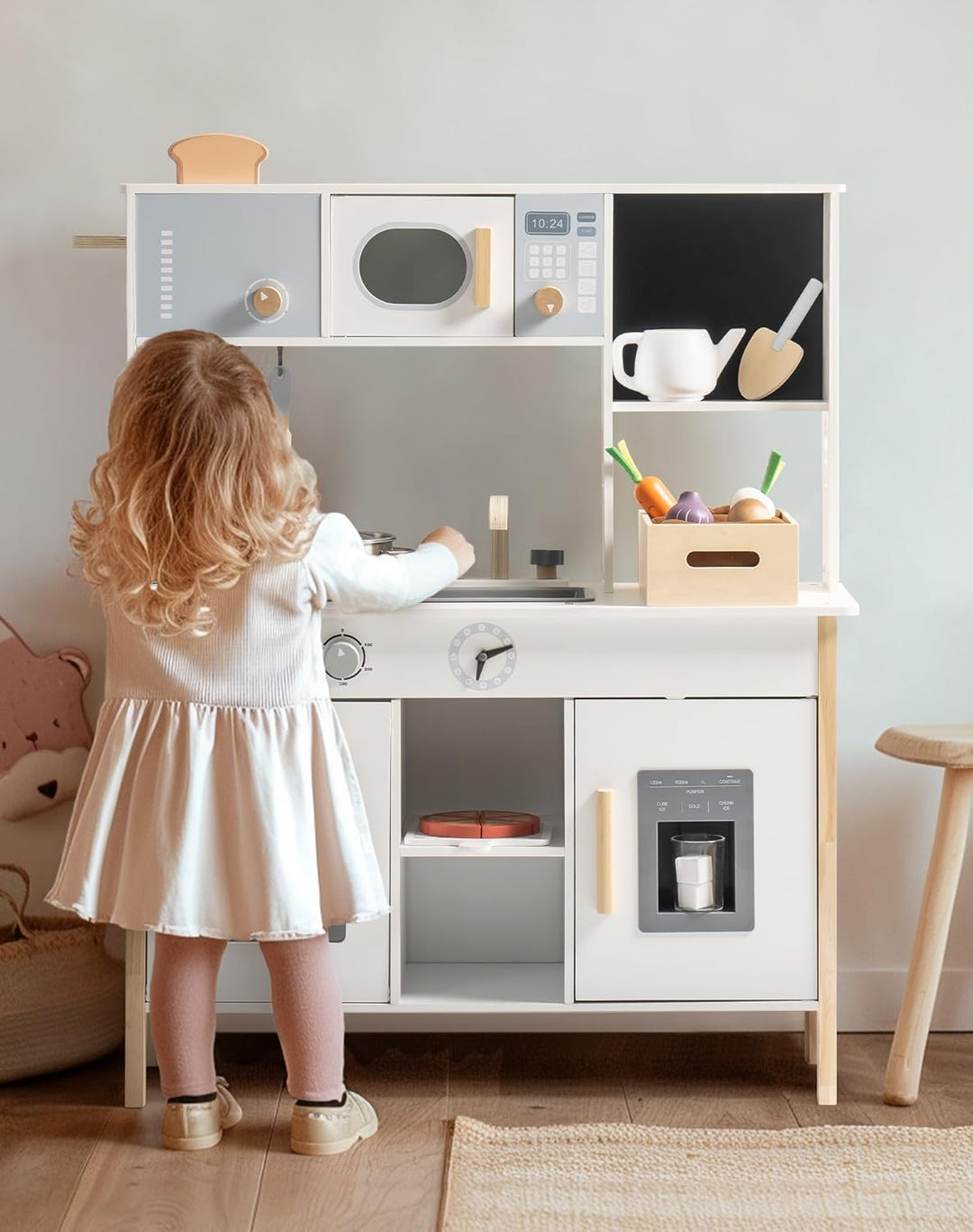 ROBOTIME Kinder-Holzspielküche mit Brotmaschine, Eiswürfelspender, Tafel und mehr, inklusive Spiel-L