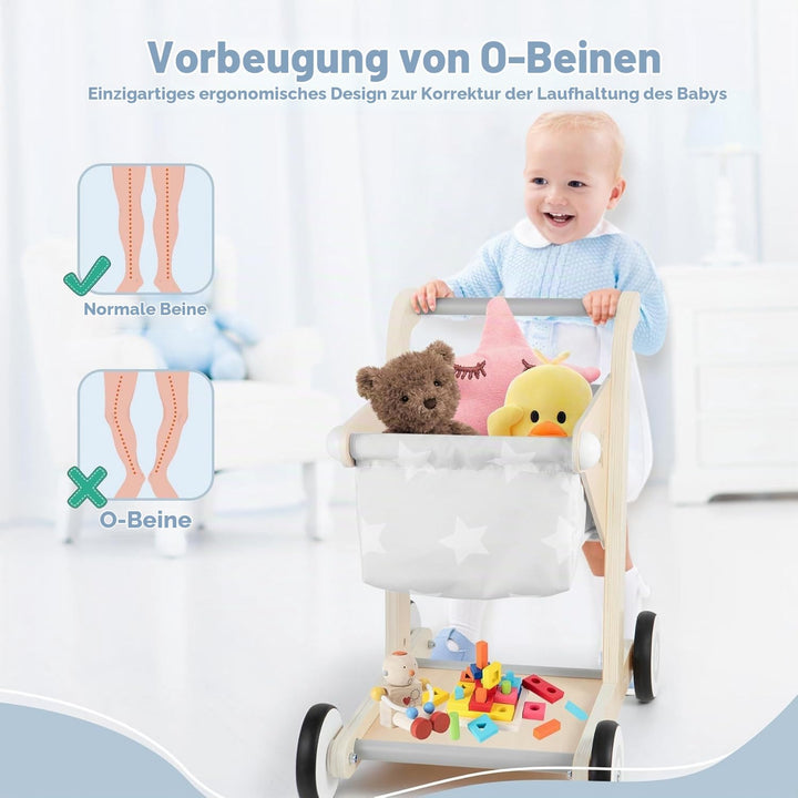 Asweets 2-in-1 Lauflernwagen Holz, Puppenwagen zum Schieben und Ziehen, Baby Walker, Kleinkindspielz