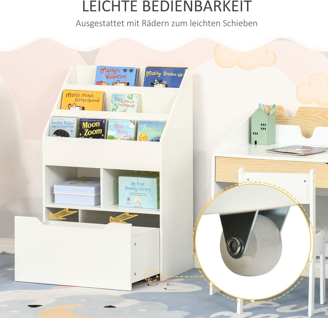 HOMCOM Kinder Bücherregal Kinderregal mit Schublade, 3 Ablagefächern und 2 offenen Fächern, Aufbewah