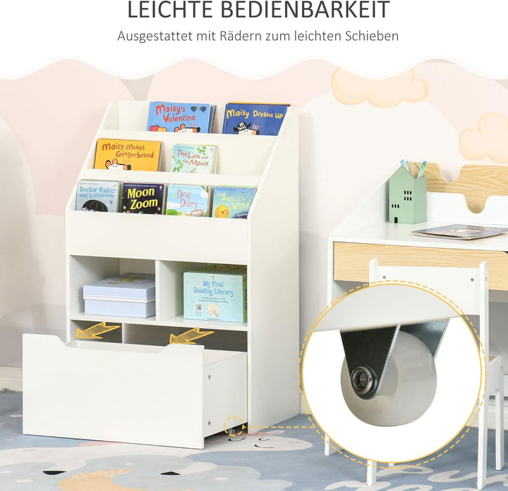 HOMCOM Kinder Bücherregal Kinderregal mit Schublade, 3 Ablagefächern und 2 offenen Fächern, Aufbewah