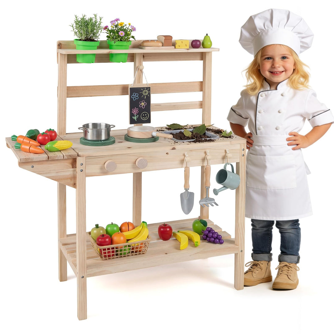 COSTWAY Matschküche Kinder Outdoor, Kinderküche Holz mit Herd, Spüle & Tafel, Spielküche mit Pflanzk