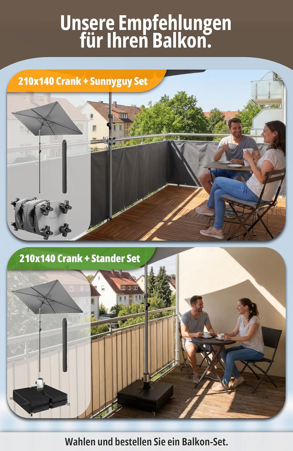 4smile SunnyShade Sonnenschirm Balkon Roma mit Schutzhülle, Anthrazit, Sonnenschirm rechteckig 200x1