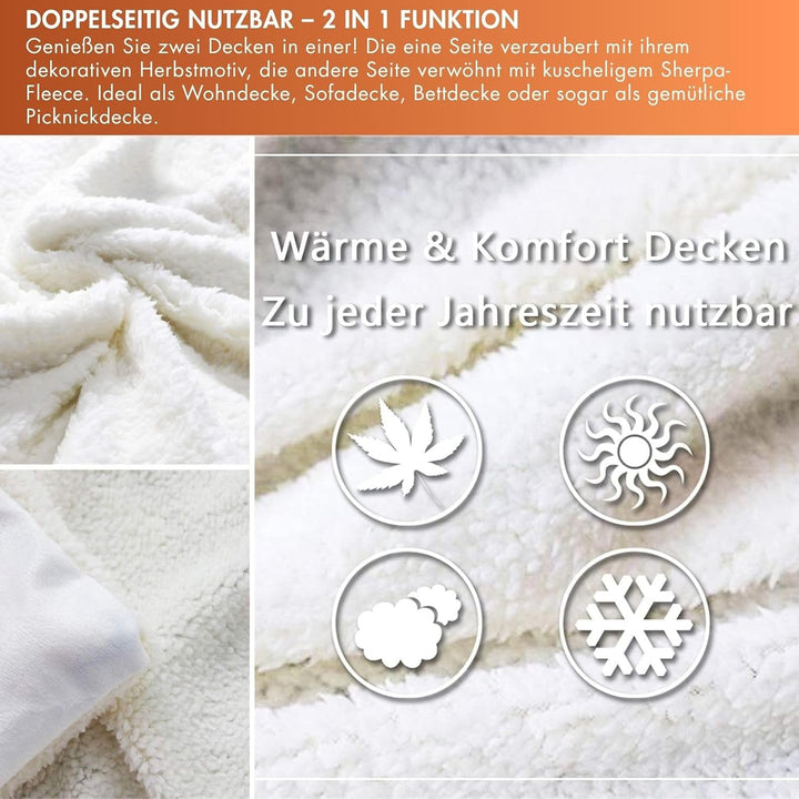 Halloween Kürbis Decke - Frohes Herbst Sherpa Fleece 130 x 150 cm - Süsse Herbstblumen Ahornblätter