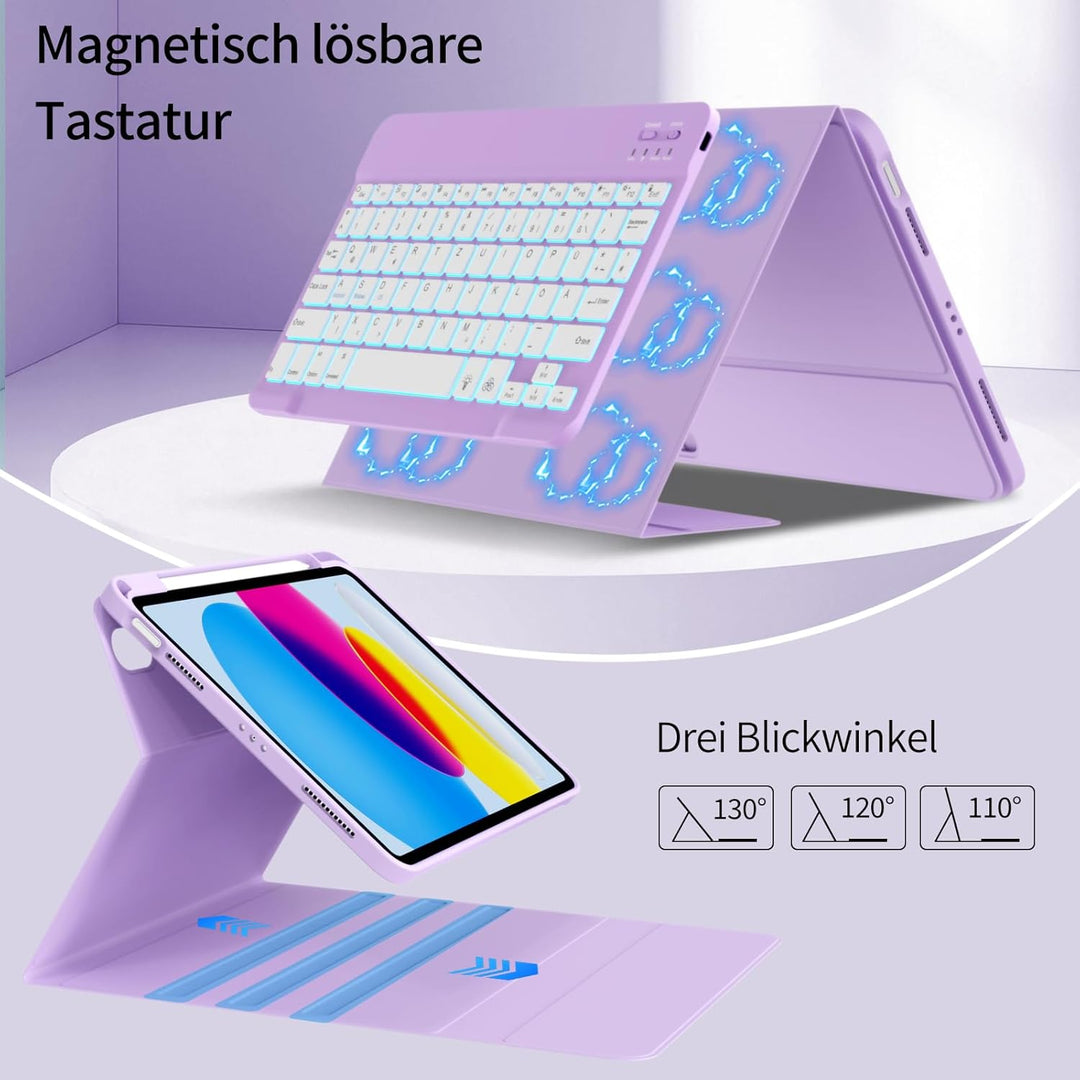 Hülle mit Tastatur für iPad A16 11/10 Generation (2025/2022, 11/10.9 Zoll)- 7 Farben Beleuchtete Mag