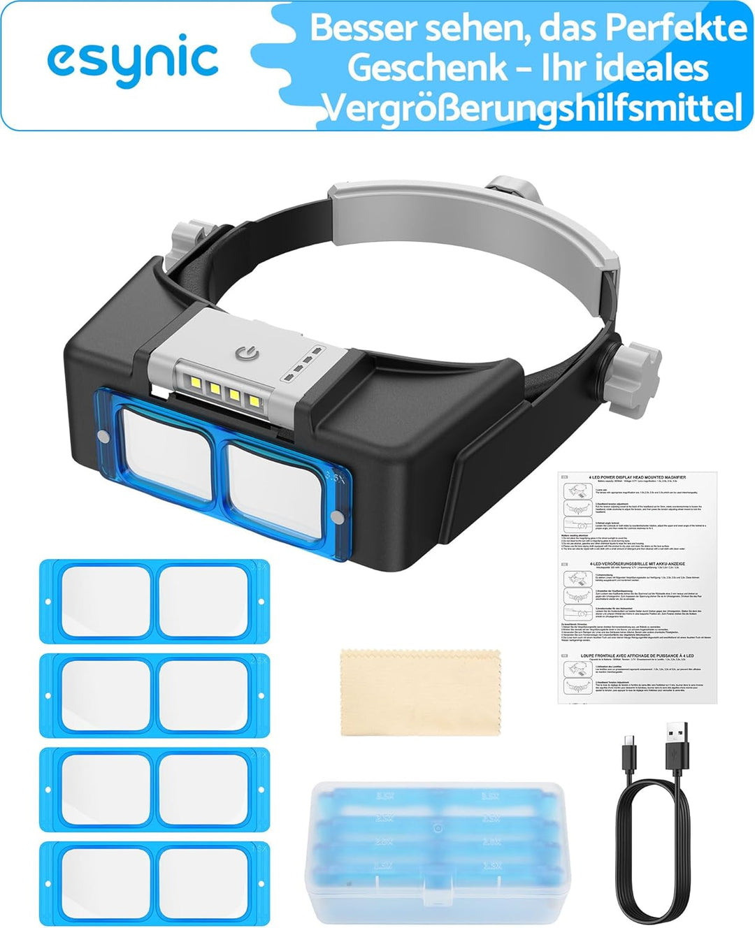 eSynic Stirnbandlupe mit LED Licht Stirnlampe Lupe 4 Wechsel-Linse 1.5X–3.5X Wiederaufladbar 300mAh