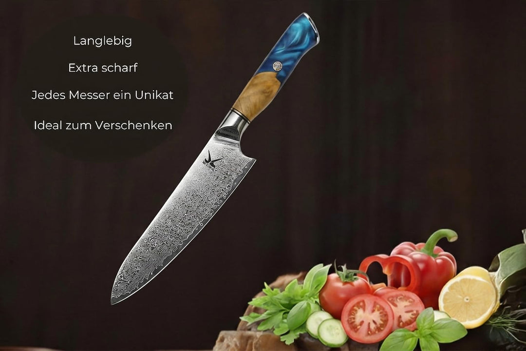 KAWOLA Damast Küchenmesser Santoku Kochmesser 21cm I Küchenmesser Damaststahl I Santoku Messer Damas