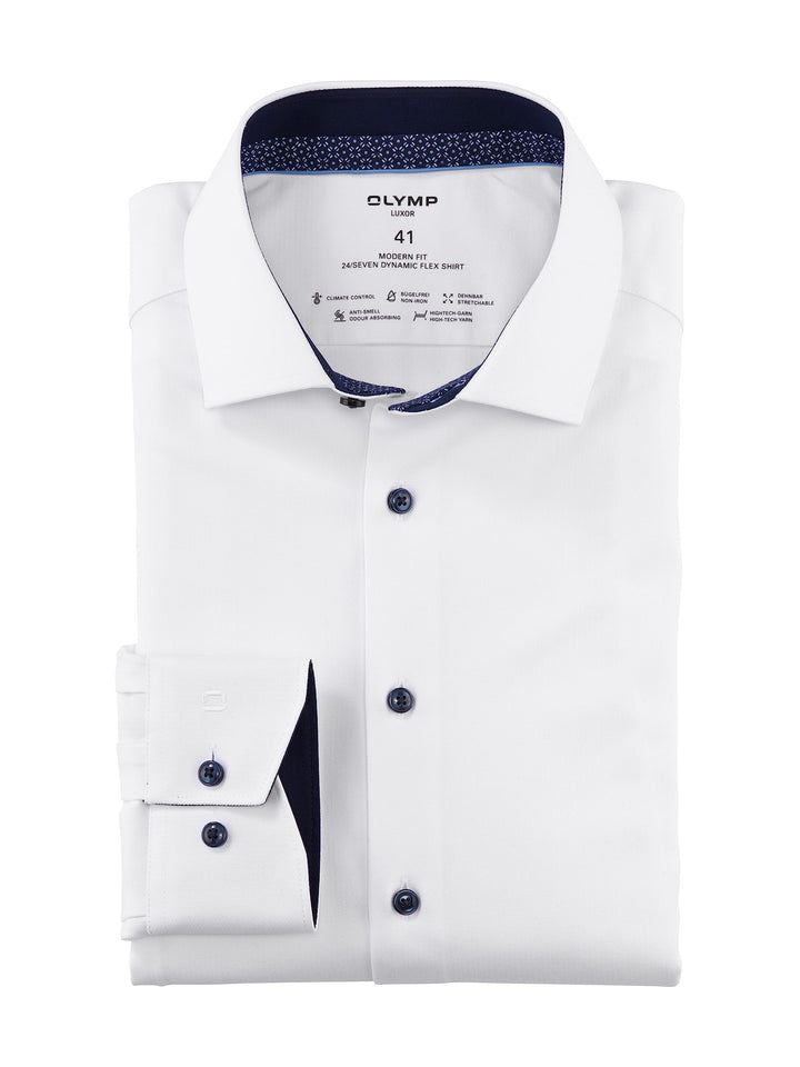 OLYMP Herren Oberhemd Langarm Luxor.24.Seven,Fischgrat,modern fit,Global Kent 44 Weiss 00, 44 Weiss