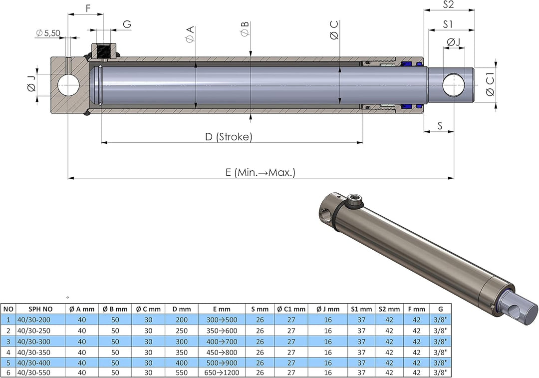 Hydraulik-Zylinder einfachwirkend mit Querbohrung (Ø 40, Hub mm : 200) Ø 40 Hub mm : 200, Ø 40 Hub m