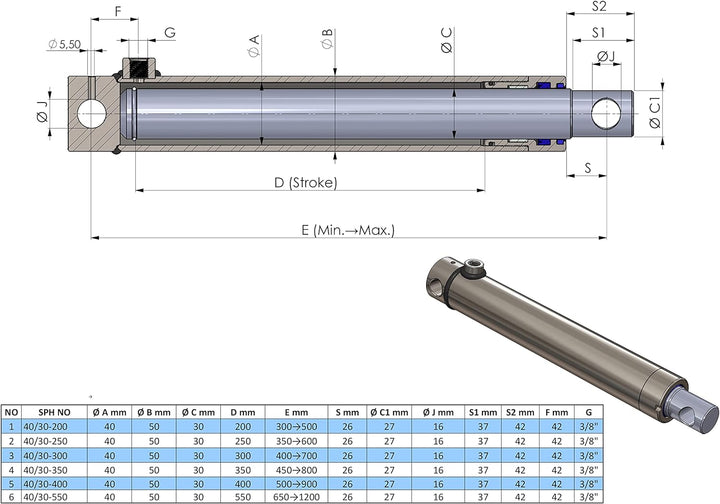 Hydraulik-Zylinder einfachwirkend mit Querbohrung (Ø 40, Hub mm : 400) Ø 40 Hub mm : 400, Ø 40 Hub m