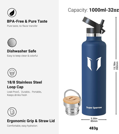 Super Sparrow Trinkflasche Edelstahl - 350ml, 500ml, 620ml, 750ml, 1L - Auslaufsicher Thermoskanne,