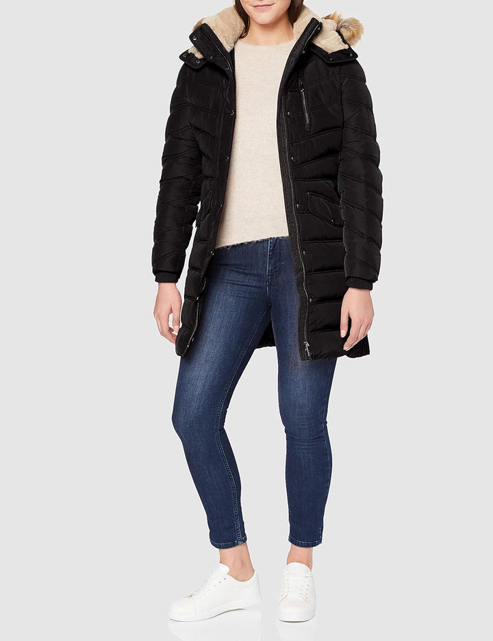 TOM TAILOR Damen Lange Pufferjacke mit Fellbesatz S 14482 - Deep Black, S 14482 - Deep Black