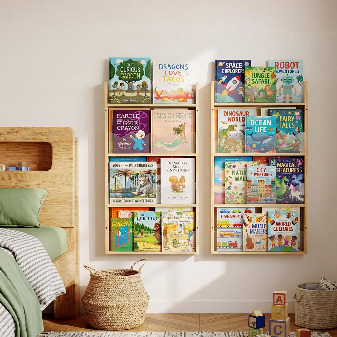 Kinder Bücherregal Wandmontage 4 Ebenen Holz & Acryl-Schwebendes Bücherregal Babyzimmer,Montessori R