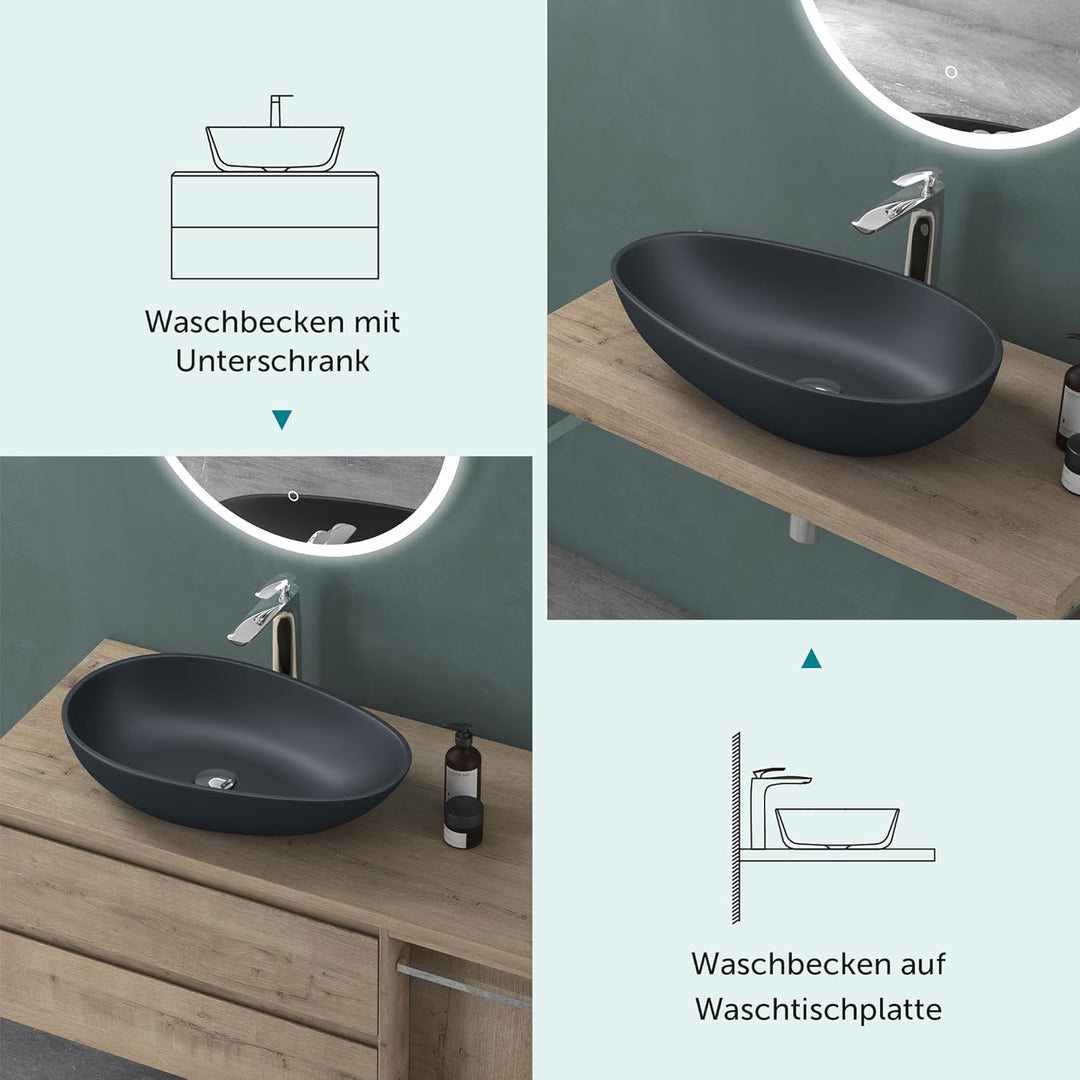 Mai & Mai 59,8x36x14cm Waschbecken oval Col809 Aufsatzwaschbecken in Anthrazit matt ohne Hahnloch un