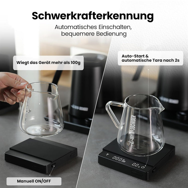 MHW-3BOMBER Mini Kaffewaage mit Timer, Wiederaufladbare Espresso Waage mit Schwerkraftsensor, 2kg/0,