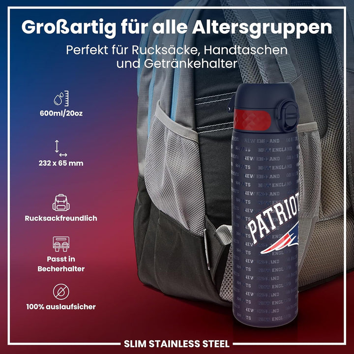 ion8 NFL Edelstahl-Trinkflasche, Auslaufsicher, Einhandöffnung, Sichere Verriegelung, Spülmaschinenf