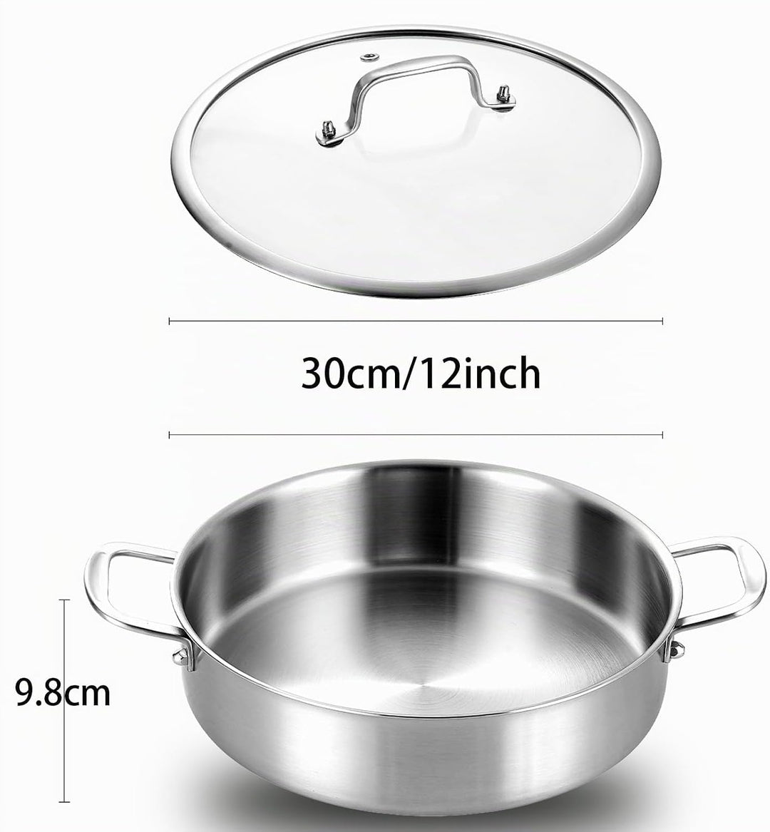 Schmortopf mit Deckel,Ø 30cm Hoher Rand 9.8cm,3-Schichten Edelstahl Pfanne,Bräter Induktion,Für Gros