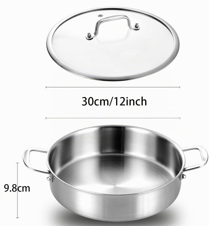 Schmortopf mit Deckel,Ø 30cm Hoher Rand 9.8cm,3-Schichten Edelstahl Pfanne,Bräter Induktion,Für Gros