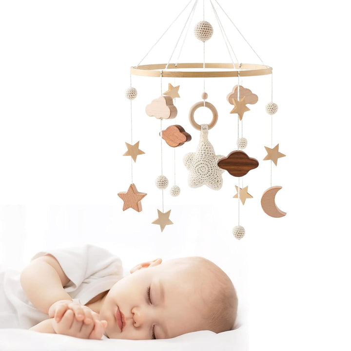 Mobile Baby Windspiele mit Wolken Mond Sterne Handgefertigt Holz Gehäkelt Mobile Baby Neugeborene Ju