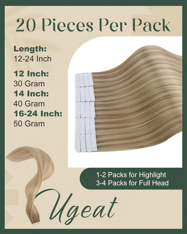 Ugeat Tape Extensions Echthaar Goldblond Highlights 35 cm Natürlich Remy Tape in Extensions Echthaar