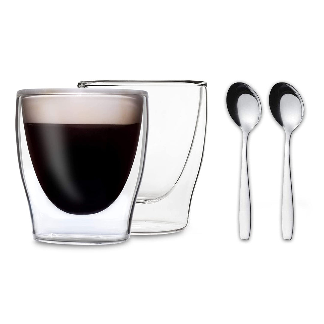DUOS® Espressotassen Set 2x 80ml + 2x Löffel - Espresso Gläser, Espresso Tassen, Doppelwandige Gläse
