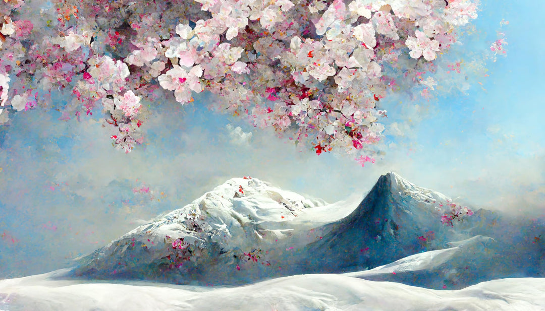 Acryl-Bild 70 x 40 cm: Blühende Sakura auf dem Hintergrund schneebedeckter Berge.Aquarell-Handzeichn