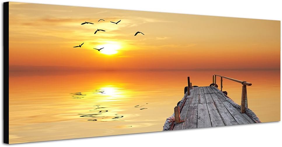 Paul Sinus Art Panoramabild auf Leinwand und Keilrahmen 150x50cm Wasser Holzsteg Seevögel Sonnenunte