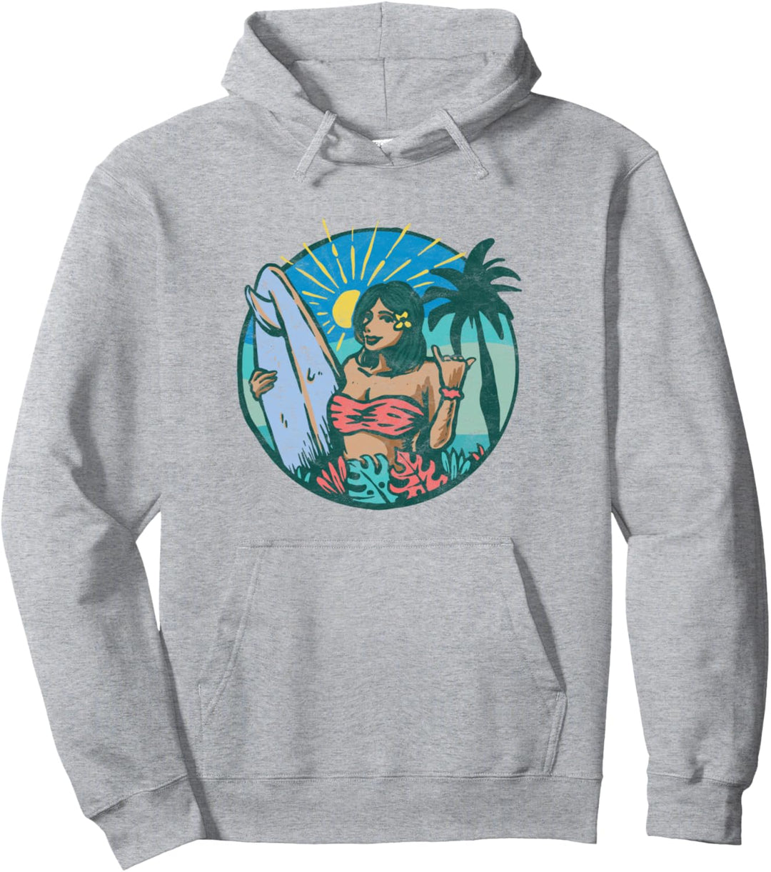 Vintage Distressed Surfer Girl Retro 80s Surfing Graphic Pullover Hoodie